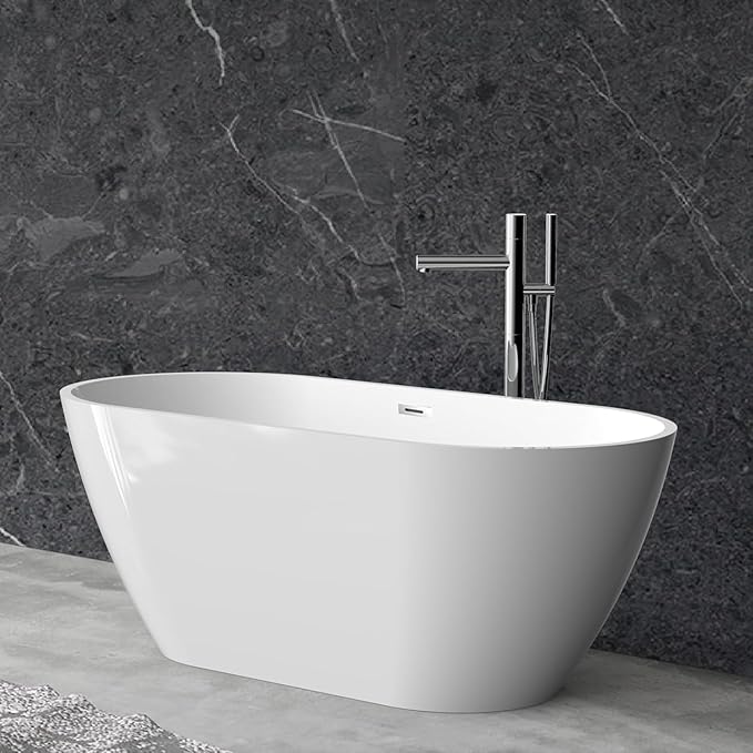 59 Inch Acrylic Freestanding Bathtub, Acrylic Soaking Bathtub with Matte Drain and Overflow, Deep Ergonomic Tub with Double-Walled Insulation, CUPC Certified, Modern Square Design