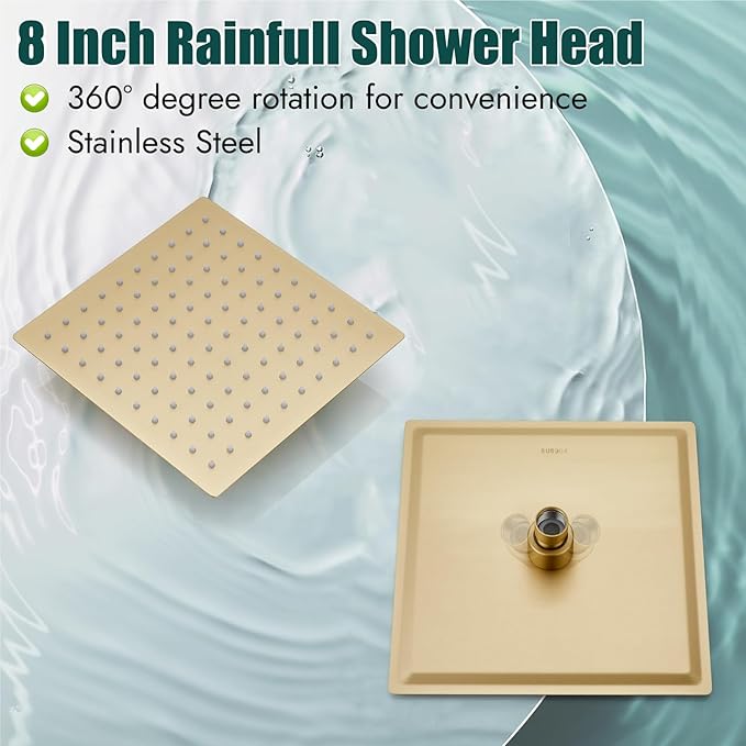 Heyalan 8 Inch Shower Head and Handle Set Square Shower Faucet Set Bathroom Rainfall Shower System Stainless Steel Showerhead Single Function Shower Trim Kit,Female Thread Valve,Brushed Gold