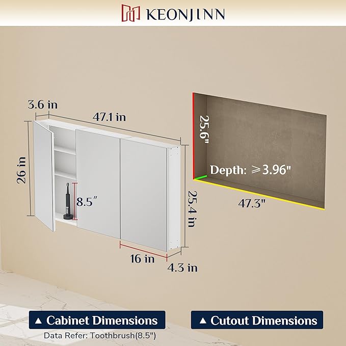 Keonjinn 48 x 26 Inch Medicine Cabinet, Assembly Required, Silver Bathroom Medicine Cabinets Mirror, Lightweight, Adjustable Shelves, Surface Mount or Recessed, Tempered Glass