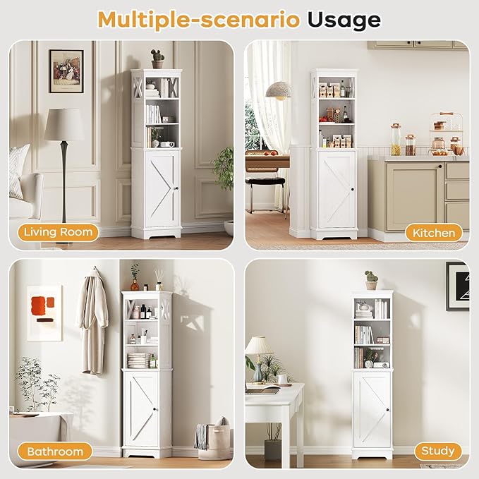 Narrow Bathroom Storage Cabinet with Door and Open Adjustable Shelves, 60.9" H Wooden Tall Tower Corner Farmhouse Cabinet, Freestanding Organizer for Kitchen, Entryway White