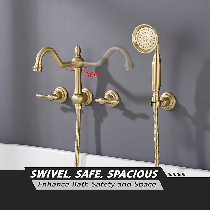 SUMERAIN Wall Mount Tub Faucet with Hand Shower, Brushed Gold Traditional Style Bathtub Faucet, Rough-in Valve Included