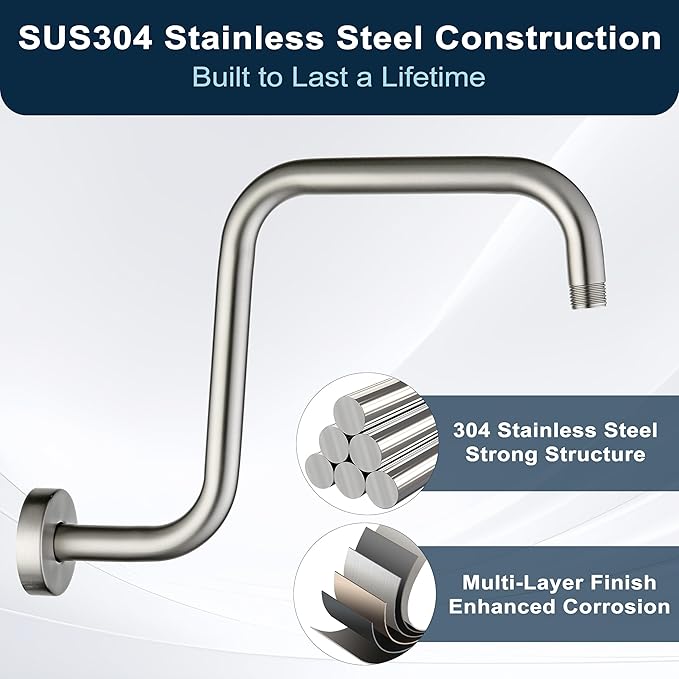 BRIGHT SHOWERS 13 Inch Shower Head Extension Arm with Flange S Shaped High Rise Extender, Long Stainless Steel Rainfall Shower Head Pipe Arm, Brushed Nickel