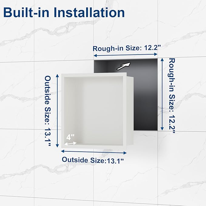 Neodrain White Shower Niche, Insert Storage Shower Shelf (Outside Size 13.1”X13.1“)(Inner Size 12" X 12"), Stainless Steel Wall Shelf No Tiled Recessed Niche Shower for Storage