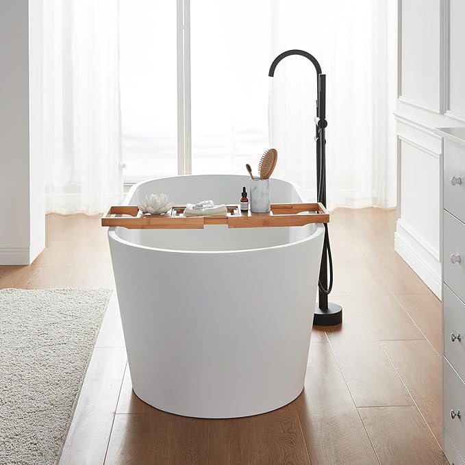 Cpingao 63" Stone Resin Freestanding Bathtub, Modern Oval Solid Surface Soaking Stand Alone Tub, Matte White, Drain & Overflow Included 8816-1600
