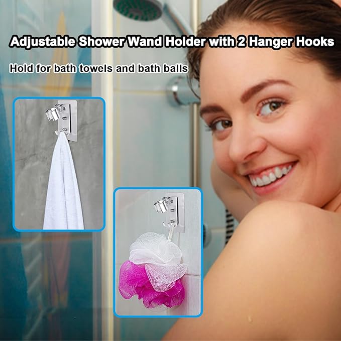 Shower Head Holder,Adjustable Handheld Shower Wand Holder with 2 Hanger Hooks,Strong Adhesive Shower Holder Wall Mount Bracket,Shower Bracket Holder for Home,Bathroom,No Drilling Need