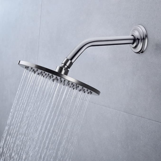 9 Inch Angled Shower Arm Brushed Nickel, Curved Shower Head Pipe with Flange, Bathroom Shower Neck Stainless Steel Wall Mounted Extension Extender Rain Rod