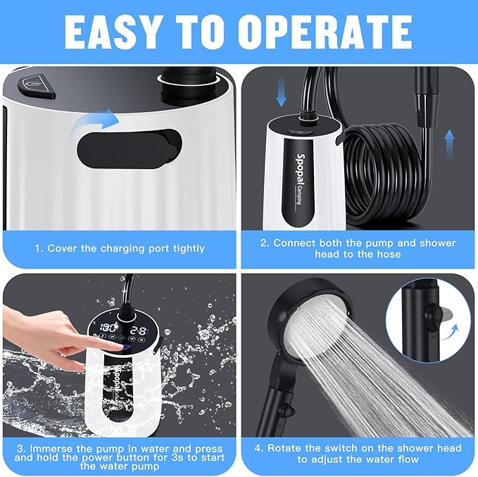 Portable Shower for Camping, [Upgraded] 10000mAh Rechargeable Camping Shower with 5 Adjustable Speeds,Premium LED Display, IPX8 Waterproof Outdoor Shower Kit for Hiking, Car, Pet, Travel