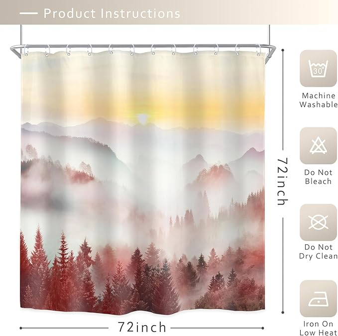 Riyidecor Misty Mountain Shower Curtain 72Wx72H Inch Red Sunrise Nature Scenery Foggy Pine Tree Scenic Forest Woodland Modern Natural Landscape Bathroom Decor Fabric Polyester Waterproof 12 Pack Hooks