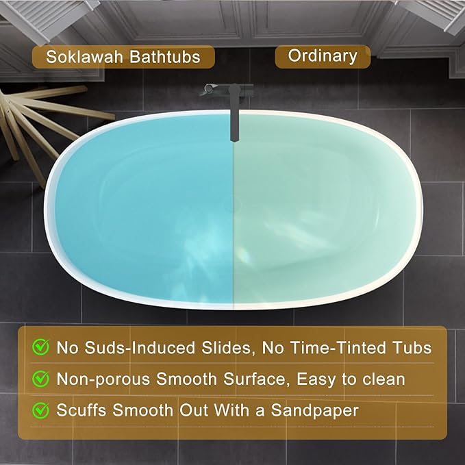 Stone Resin Freestanding Bathtubs,Soklawah 67" Solid Surface Luxury Soaking Tub,Oval Stand Alone Bathroom Bath tub with Drain & Integrated Slotted Overflow,Matte White Elegant Soaker Free Standing Tub