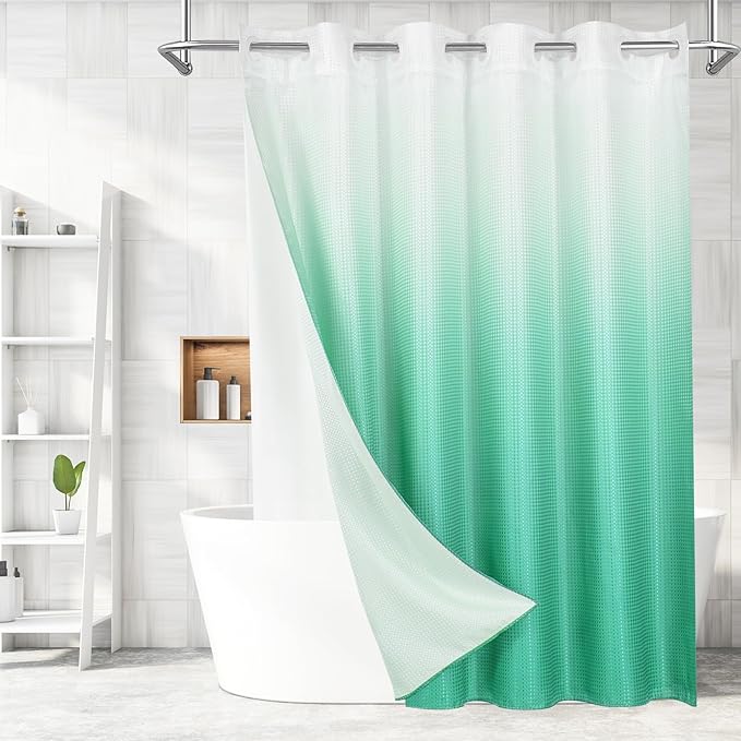 MitoVilla No Hooks Needed Turquoise Extra Long Shower Curtain Liner Set, 86 inch XL Teal Ombre Heavyweight Waffle Fabric Cloth Shower Curtains with Snap-in Liner for Modern Luxury Hotel Bathroom Decor