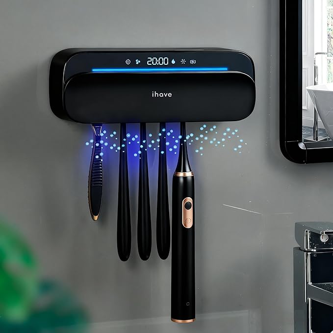 iHave Toothbrush Sanitizer and Holder, UV Toothbrush Holders for Bathrooms with 100M Negative Ions for 360° Disinfection, Mold Control & Odor Neutralization, 5-Slot Turbofan Drying Toothbrush Holder