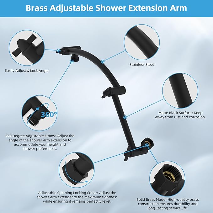 Hibbent All Metal Rain Filtered Shower Head, 12'' High Pressure Rainfall Showerhead with 16" Shower Extension Arm, 20 Stage Shower Filter, Solid Brass Adjustable Shower Arm Extender, Matte Black