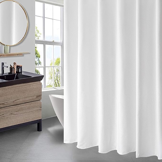 AooHome Heavy Duty Fabric Shower Curtain, Solid White Waffle Weave Bathroom Curtain with Hooks, Weighted Hem, Water Repellent, 72x72 Inch
