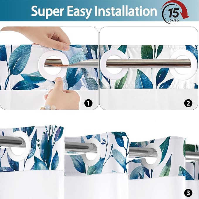 No Hook Shower Curtain and Liner Set, Dark Blue Eucalyptus Floral Shower Curtains for Bathroom, Bath Curtain Sets with Snap in Liner, Waterproof with See Through Top Window, 71x84 Inches