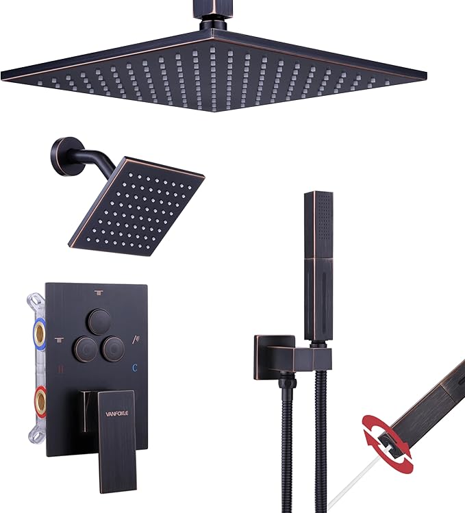 VANFOXLE Shower Faucet Set Oil Rubbed Bronze Shower System,Push Button Diverter Shower Faucet with 2 in 1 Handheld,Ceiling Mount 10 Inch Shower Head with 6 Inch Wall Mount Shower Head