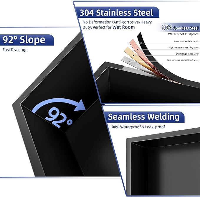 No Tile Needed Shower Niche - 12"x12" Black 304 Stainless Steel Recessed Shelf,Over Mount Installation for Bathroom & Shower Wall,Waterproof