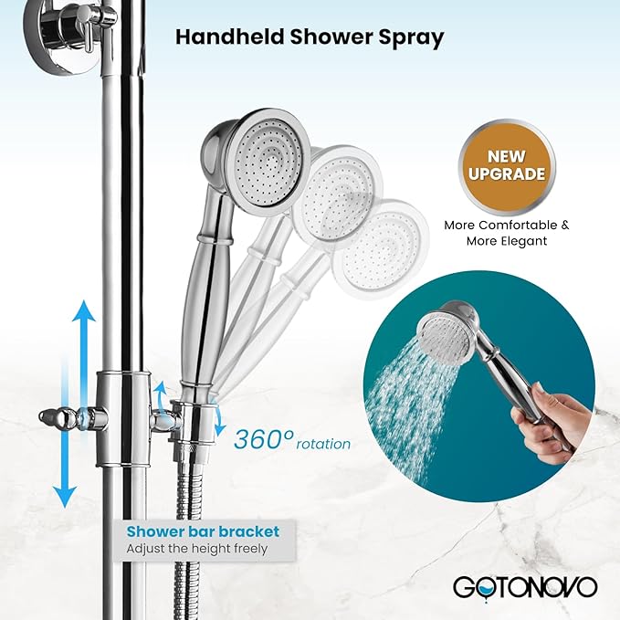 gotonovo Bathroom Classic Exposed Shower Faucet Wall Mount Shower System 8 Inch Luxurious Rainfall Shower Head Set with Tub Spout and Handheld Spray Double Cross Handles Polished Chrome
