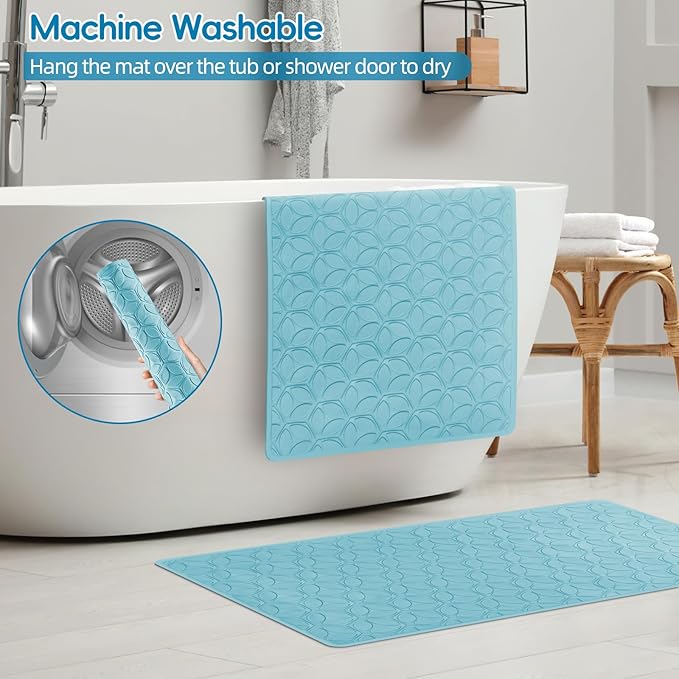 WRISIN Bathtub Mat Non Slip with Suction Cups - 100% Rubber Bathroom Mat Textured for Bath Tub Shower Safety - Soft on Touch - BPA/PVC Free - Pet Dog Bath Mat - Machine Washable - 17 × 35 Inch（Blue）