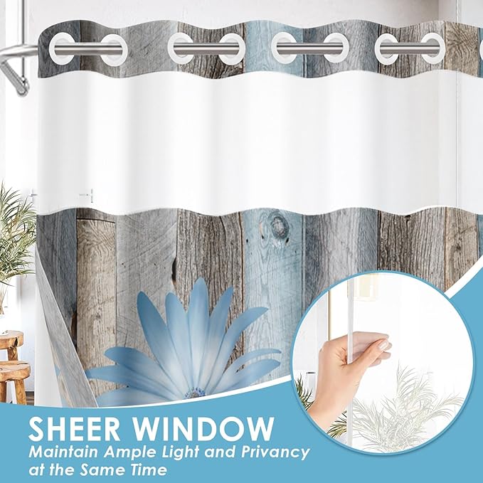 No Hook Rustic Farmhouse Shower Curtain with Snap in Fabric Liner Set, Blue Daisy Flowers and Butterfly on Wooden Double Layers Waterproof with See Through Top Bath Curtain 71x74 Inch
