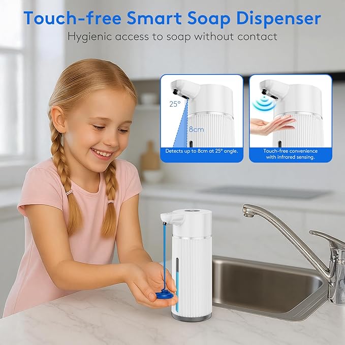 2025 Upgrade Automatic Soap Dispenser Touchless, 14.2oz/420ml Dish Hand Soap Dispenser for Bathroom and Kitchen, 4 Adjustable Volume, USB Rechargeable, Clog-Free, Large Capacity, White