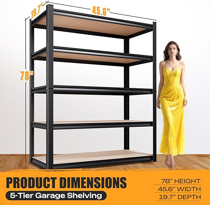 AOARGG 78" H Garage Shelving, 5-Tier Heavy Duty Storage Shelves, Adjustable Metal Shelving Unit, Utility Garage Organizer Shelf, for Basement Warehouse Pantry, 45.6" W x 19.7" D x 78" H, Black