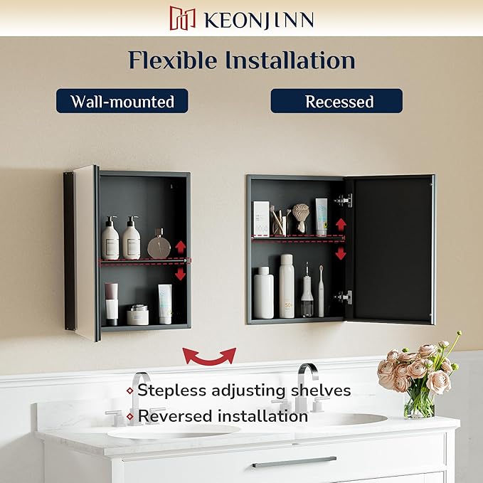 Keonjinn Small Black Medicine Cabinet 14.5 x 18.5 Inch, Assembly Needed, One Shelf Only, Bathroom Mirrored Medicine Cabinet, Lightweight, Freely Adjustable Shelves, Recessed or Wall Mount