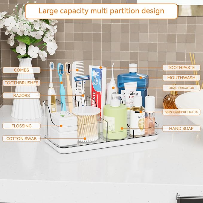 Yieach Mens Bathroom Organizer Countertop,Bathroom Sink Caddy Countertop Storage,White 7 Slot Vanity Bathroom Toiletry Organizers and Toothbrush Holders for Toothpaste,Electric Tooth Brush Organizer