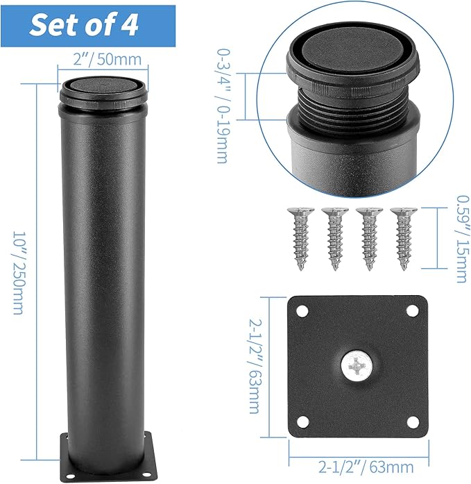 10 Inch Metal Furniture Legs Stainless Steel Adjustable Legs Black Metal Legs Round Cabinet Legs for Coffee Table Cabinet Desk Sofa Shelves, Pack of 4