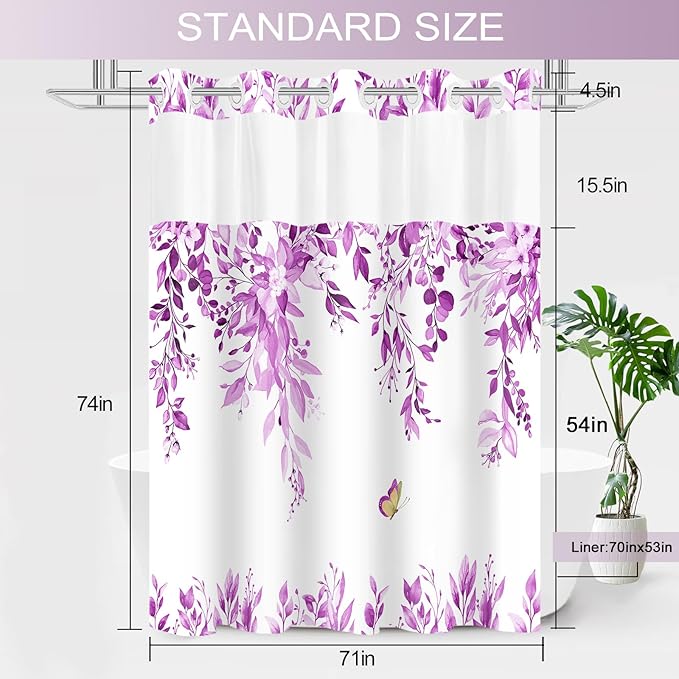 No Hook Shower Curtain and Liner Set, Purple Eucalyptus Floral Shower Curtains for Bathroom, Bath Curtain Sets with Snap in Liner, Waterproof with See Through Top Window, 71x74 Inches