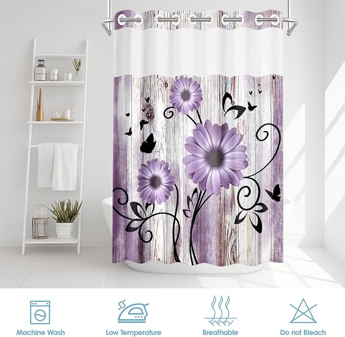 No Hook Purple Flower Shower Curtain with Snap in Fabric Liner Set, Rustic Farmhouse Daisy Double Layers Waterproof Fabric with See Through Top Window Open Grommet Bath Curtain 71x74 Inch