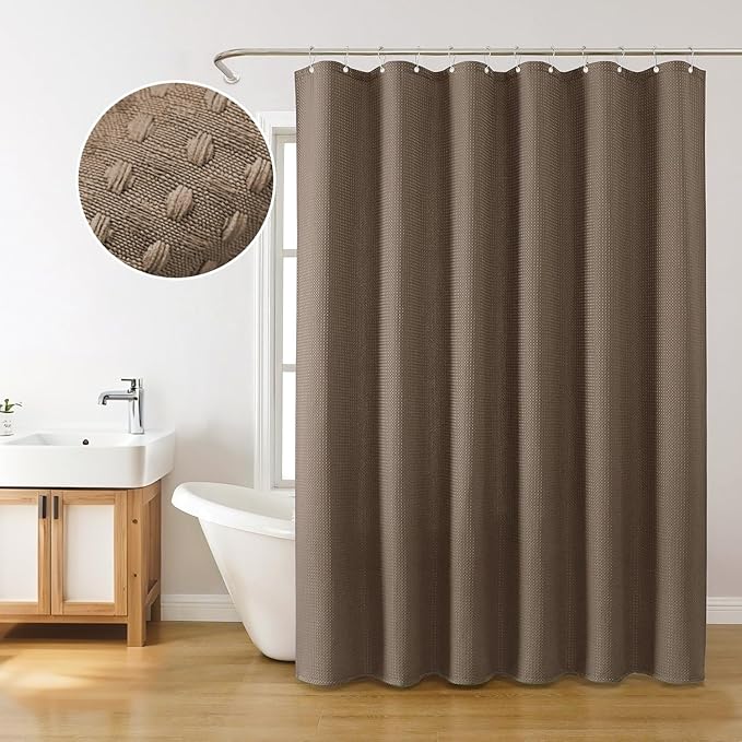 Inhousolu Fabric Shower Curtain Waffle Weave, 230 GSM Heavy Duty, Weighted Hem, 14 Metal Hooks, Water Repellent, Machine Washable, Hotel Spa Luxury Bath Curtain Set, 72 x 72 Inch, Brown