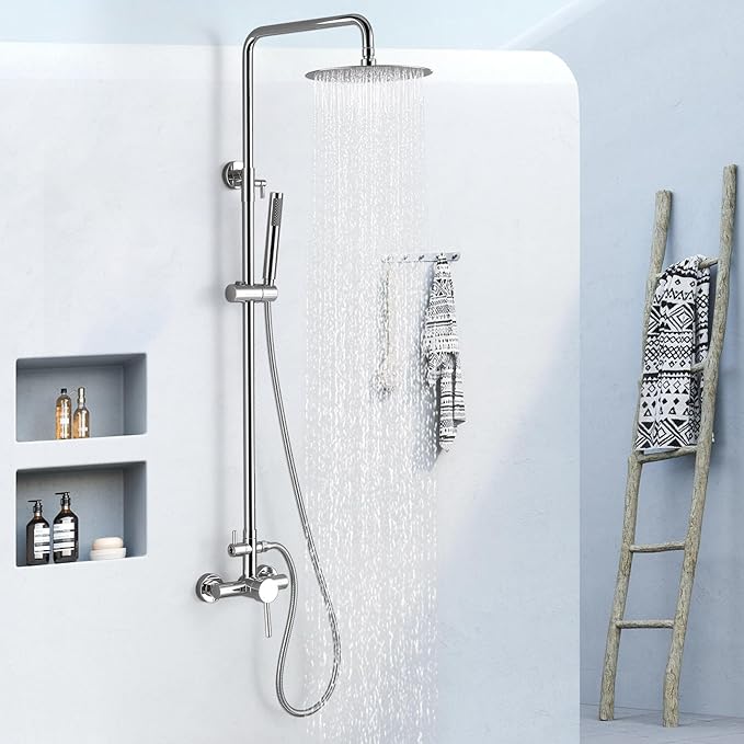 RBROHANT Outdoor Shower, Wall Mount Outdoor Shower Kit, Outside Shower Faucet with Height Adjustable Rain Shower and Handheld, Exposed Shower System for Pool, Wall Mounted, Polished Chrome, JK0146
