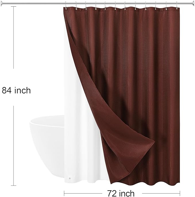 3 in 1 Extra Long Brown Shower Curtain Set-72 W x 84 H, Modern Waffle and PEVA Liner Set with 12 Stainless Steel Hooks, Waterproof Fabric for Bathroom