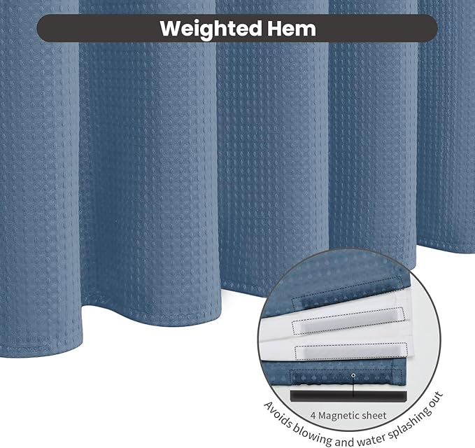 Inhousolu No Hook Waffle Weave Shower Curtain with Removable Snap in Fabric Liner Set for Bathroom, 230GSM Heavy Duty Weighted Hem, Water Repellent Washable Bath Curtains, 72 x 84 Inch, Moonlight Blue