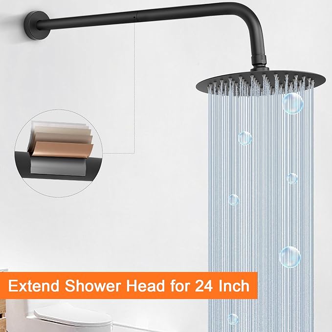HarJue Shower Arm with Flange and Teflon Tape, Wall Mounted Shower Pipe 304 Stainless Steel Extension Arm for Fixed Shower Head & Handheld (24 Inch, Matte Black)