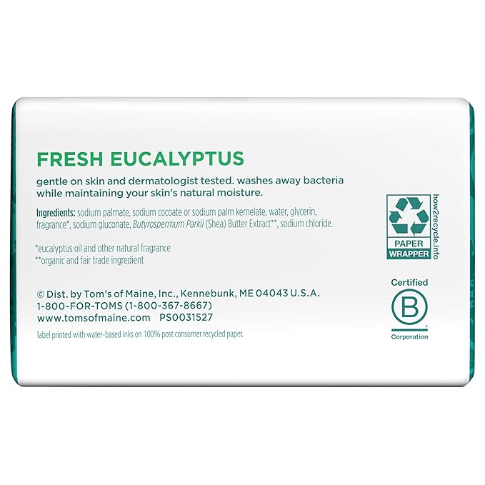 Tom’s of Maine Moisturizing Natural Beauty Bar Soap For Women and Men, Fresh Eucalyptus, 5 oz Bar (Pack of 6)