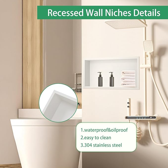 SaniteModar Shower Niche, Stainless Steel Niche for Shower Wall, No Tile Needed,Recessed for Bathroom Storage (Warm White, 24" x 12")