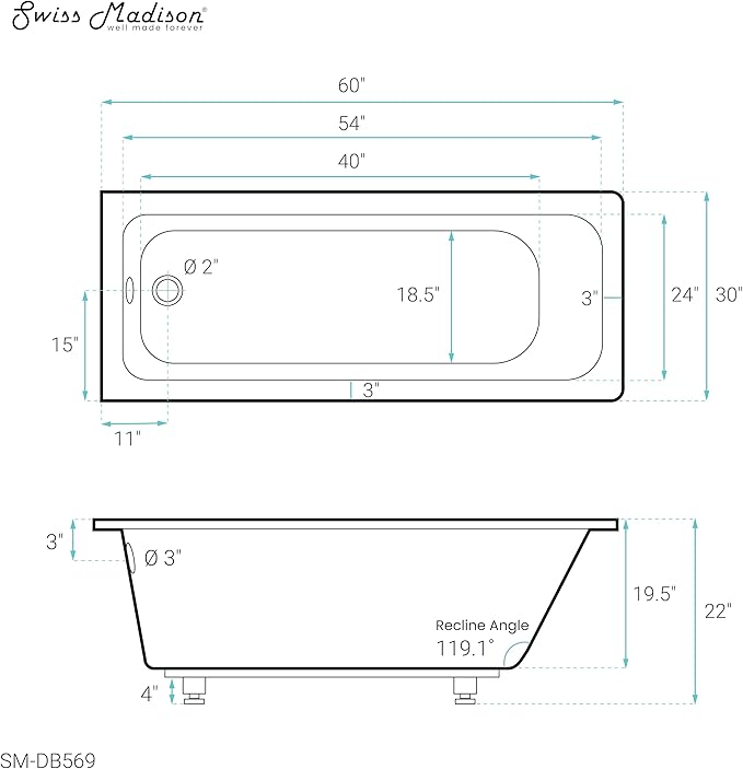 Swiss Madison Voltaire 60" x 30" Reversible Drain Drop-In Bathtub