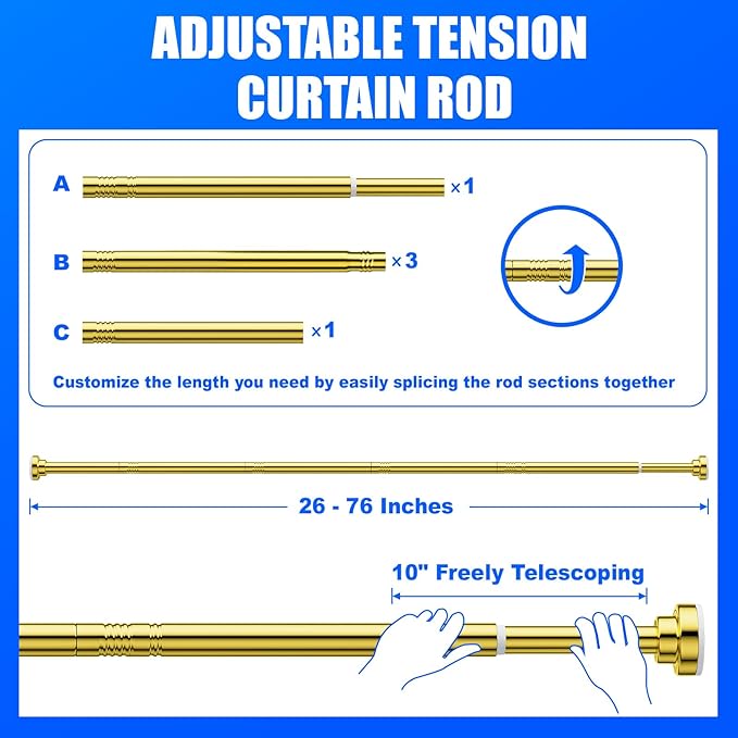 Ausemku Shower Curtain Rod Tension - 26-76 Inch Never Rust Non-Slip Spring Tension Curtain Rod No Drilling Stainless Steel Curtain Rod Use Bathroom Kitchen（Gold）