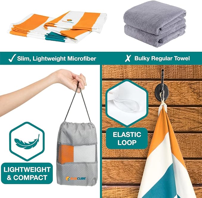 SUN CUBE Microfiber Beach Towel, Quick Dry Sand Free Beach Towel, Lightweight, Compact for Travel Swim Sports Camping, Packable Sand Resistant Towel Adult, Orange 60x30 Inches