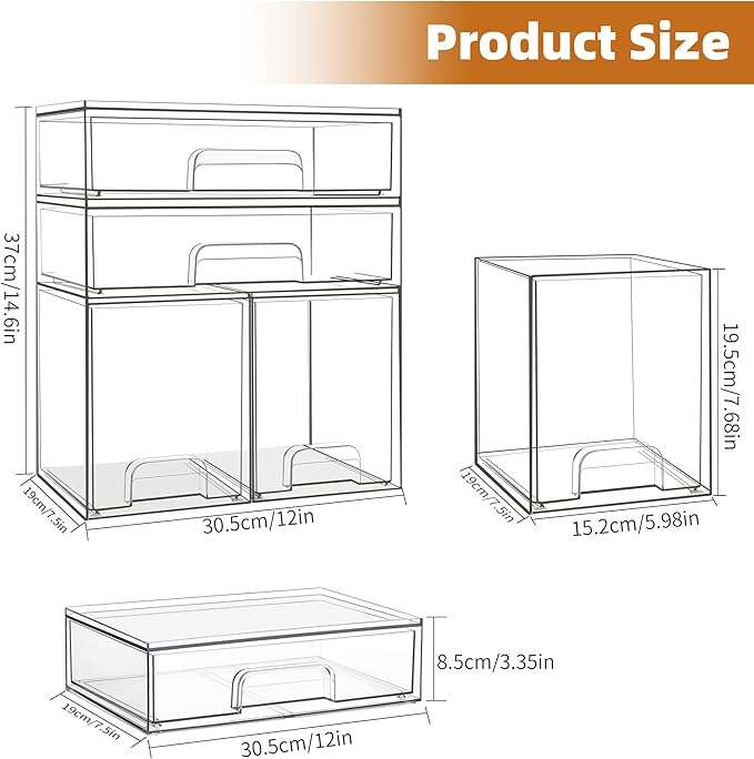 Baby Bottle Organizer, 4 Pack Stackable Storage Drawers with Labels, Clear Station Organizers Container for Pacifiers, Pump Parts, Desk Organizer Bins for Bathroom, Cabinet, Pantry, Vanity, Countertop