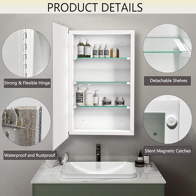 Medicine Cabinet, Rectangular Beveled Frameless Mirror Cabinet,Wall Mounted Cabinet for Bathroom Toilet Kitchen,Recess or Surface Mount,24x24 in
