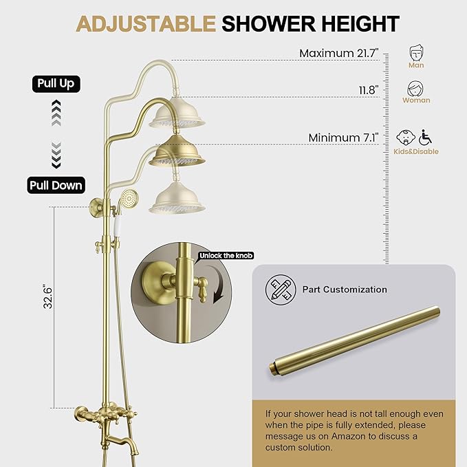 Exposed Shower System Brushed Gold,Antique Brass Shower Faucet Set with 8 Inches Rainfall Shower Head Vintage,Outdoor Shower Fixture with Foldable Tub Spout