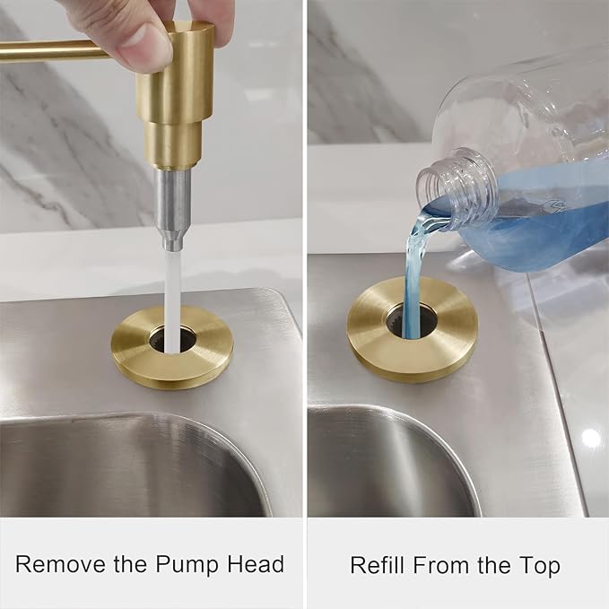Deck Mounted Brass Kitchen Sink Soap Dispenser or Lotion Dispenser with 17OZ Above The Sink Refillable Bottle(Brushed Gold)