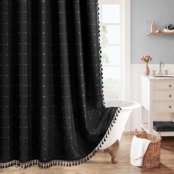 MitoVilla Black Boho Shower Curtains for Modern Bathroom Decor, Farmhouse Polyester Linen Fabric Cloth Shower Curtain with Tassel, 72 x 72
