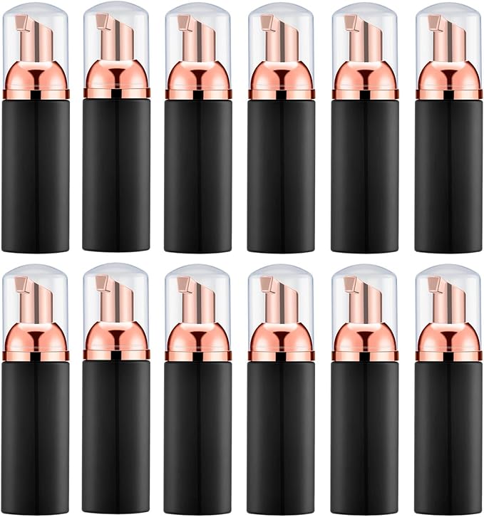 2 Oz Empty Foam Pump Bottle (12PCS) Travel Foaming Soap Dispenser for Hand Soap, Lash Shampoo Cleanser (Black&Rose Gold)