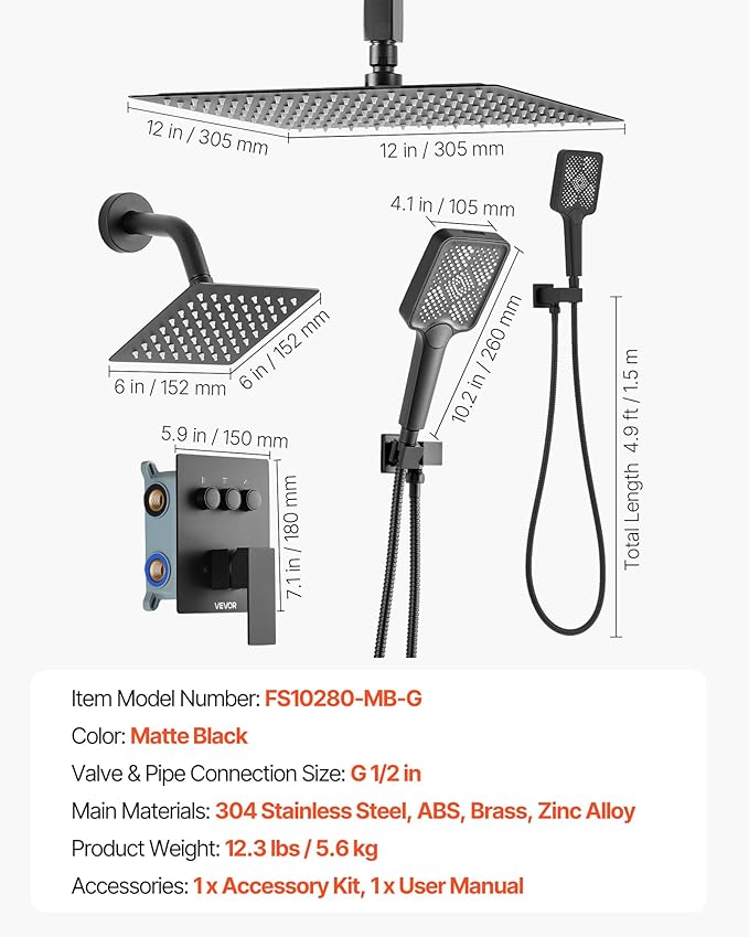VEVOR Shower Faucet Set, 12 Inch Ceiling Mount Rainfall Shower System with 6 Inch Wall Mount Head and 4 in 1 Handheld Spray, Rotatable 3-Function Dual Rain Head Brass Valve and Trim Kit, Matte Black