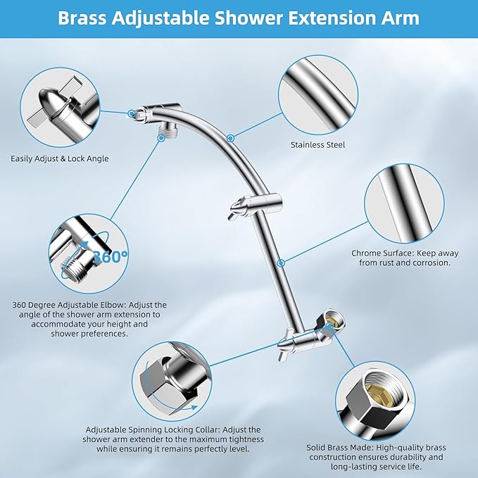 Hibbent All Metal Rain Filtered Shower Head, 10'' High Pressure Rainfall Showerhead with 16" Shower Head Extension Arm, 20 Stage Shower Filter, Solid Brass Adjustable Shower Arm Extender, Chrome