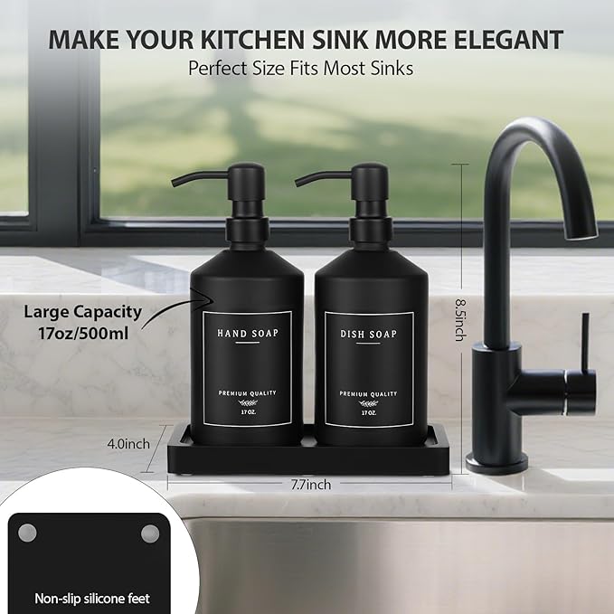 Matte Black Soap Dispenser Set, 17 OZ Hand and Dish Soap Dispenser Set, Bathroom Refillable Soap and Lotion Dispenser Set with Stainless Pump, Modern Liquid Soap Bottle Set(Black Bottle/Black Pump)