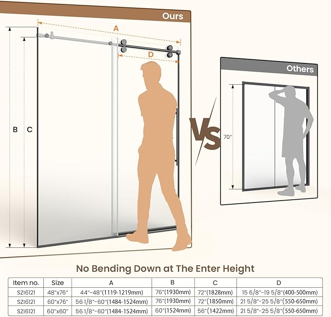 Bathbliss Glass Shower Door 44"-48" Wx76 H,Frameless Sliding Glass Door with 5/16"(8mm) Tempered Glass Shower with Matte Black Finish